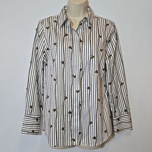 Chico's No Iron Striped Chain Tassel Button Up Shirt Old Money Size S 6